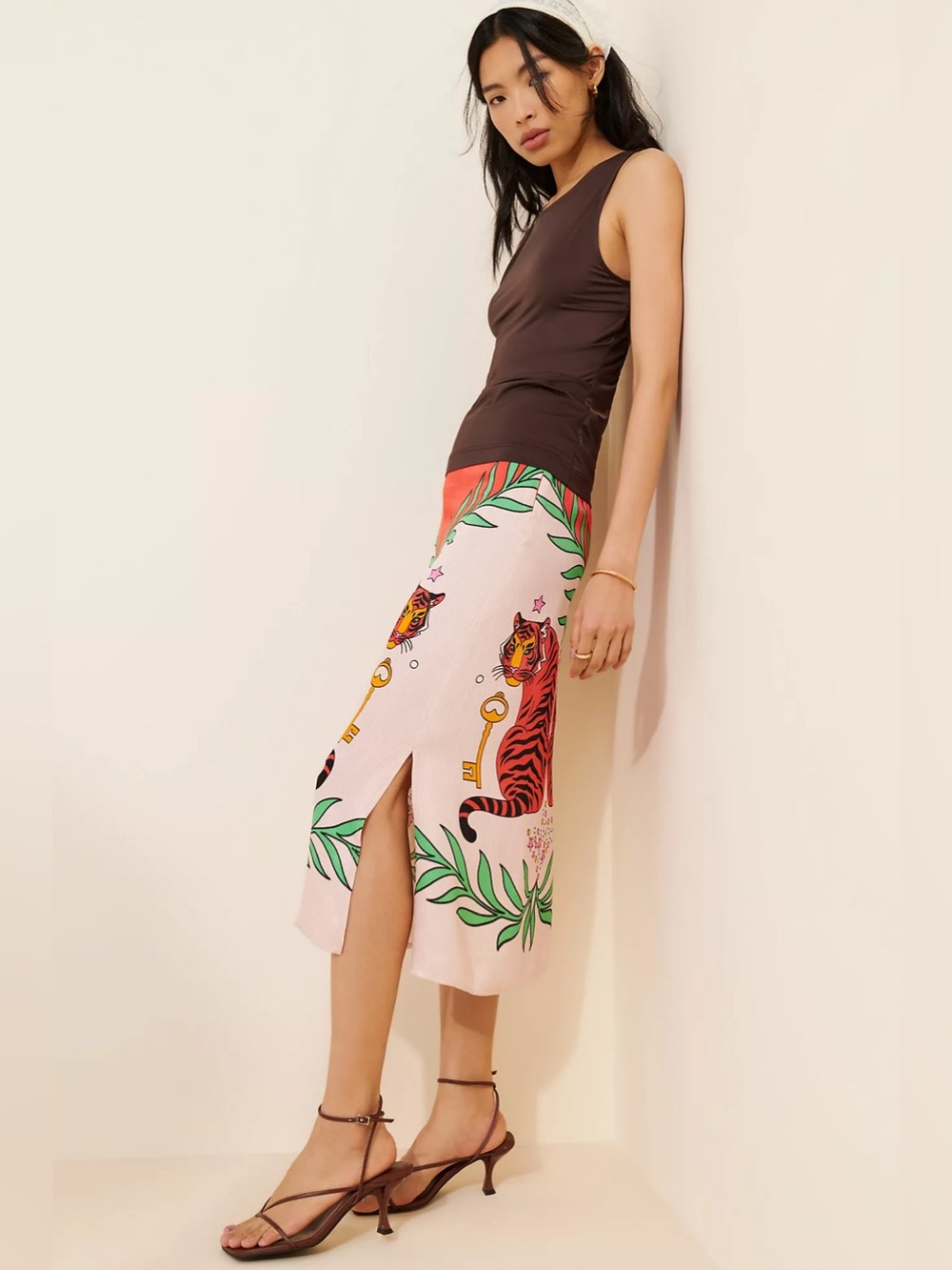 ANTHROPOLOGIE S Bl-nk Lania Slip Midi Skirt • Boho Tiger Print Silky Slit - Picture 11 of 12